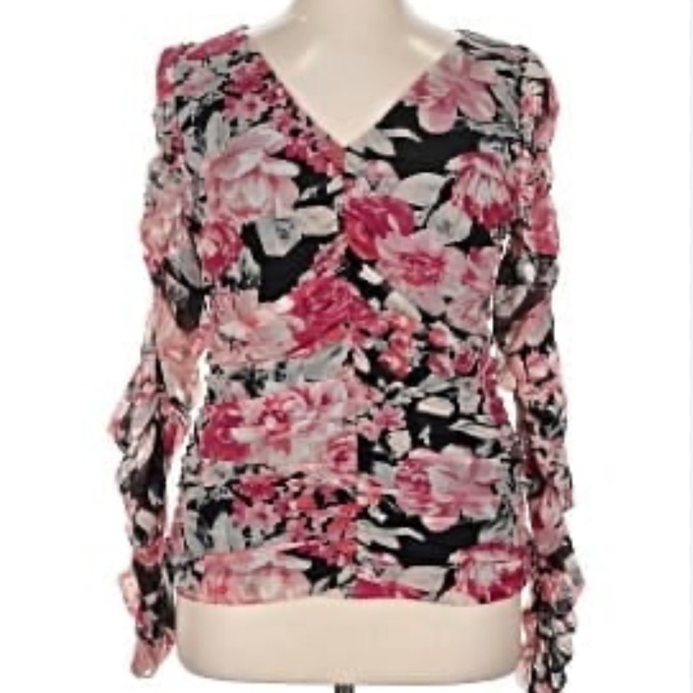 White House Black Market Pink Ruched Ruffled Blouse Y2K size L floral